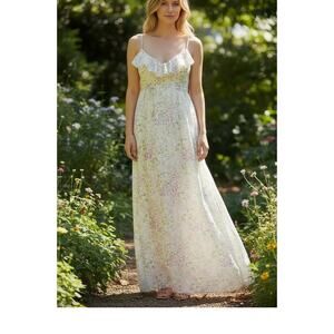 H & M Midi Dress NWT Floral Cream SZ XS Ruffle Neck Baby Doll Flowing Y2K Boho